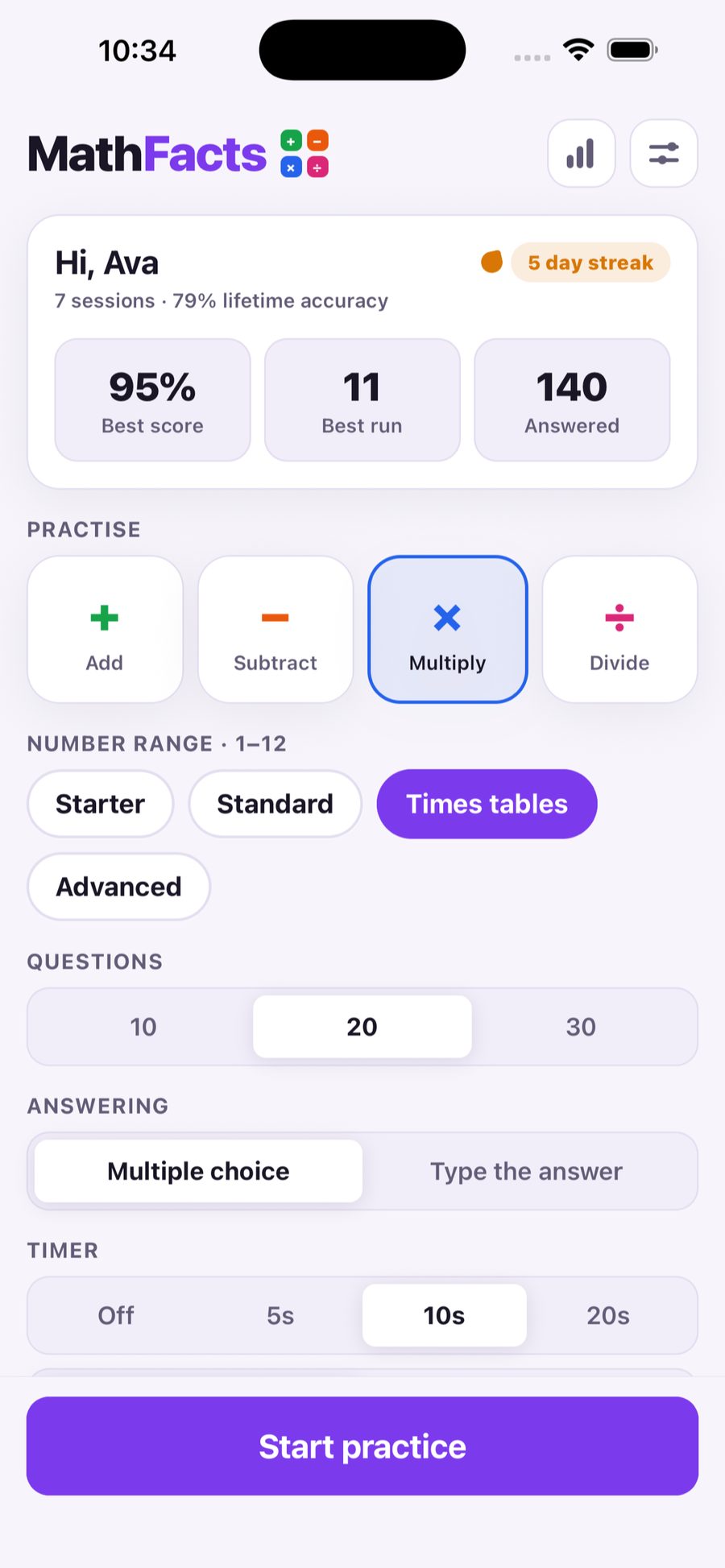 Timed math facts