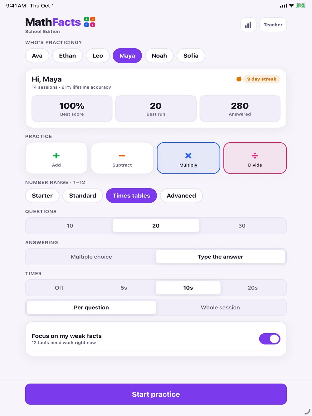 Home screen with the student picker