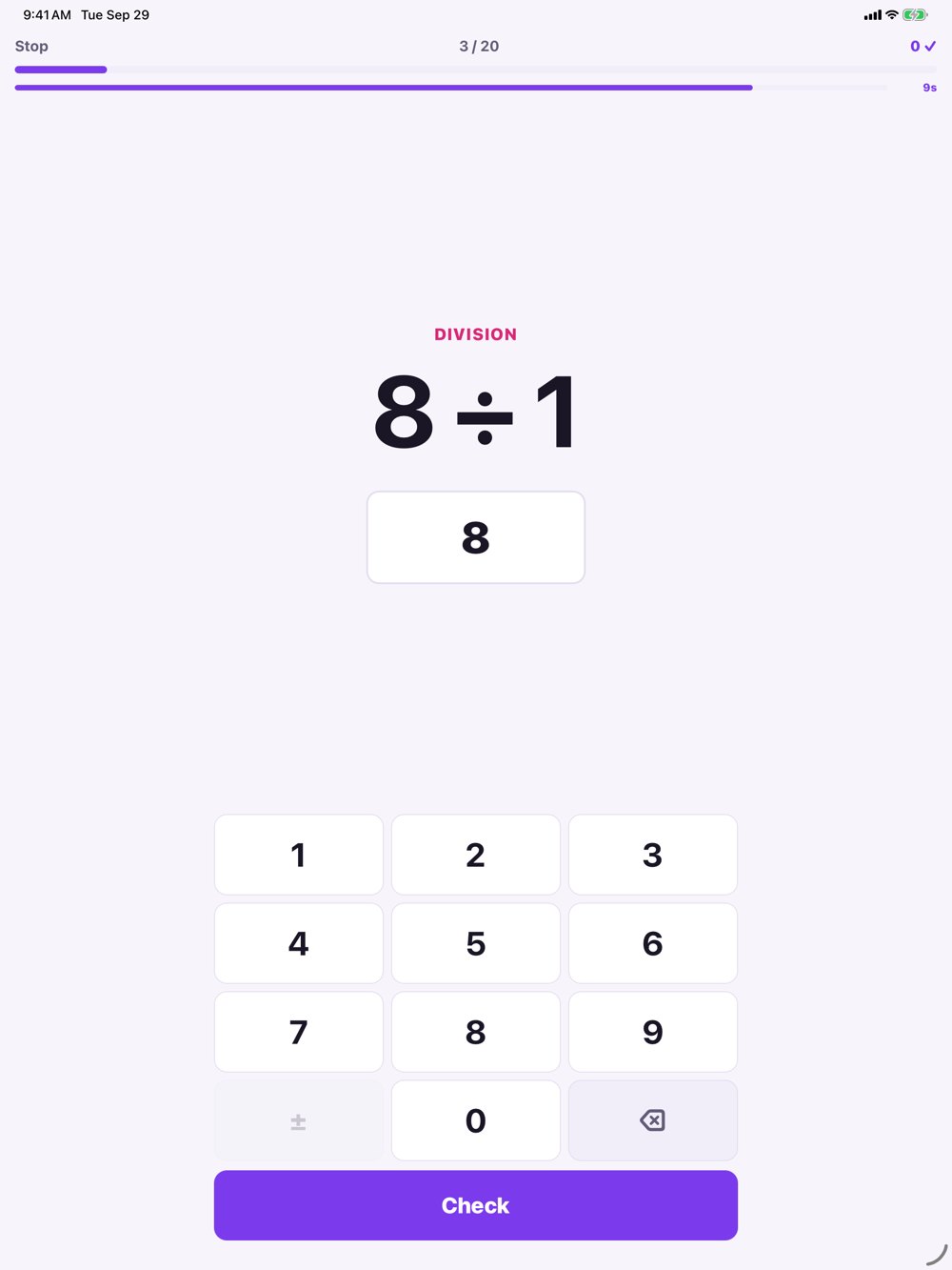 A division question with a number pad on an iPad