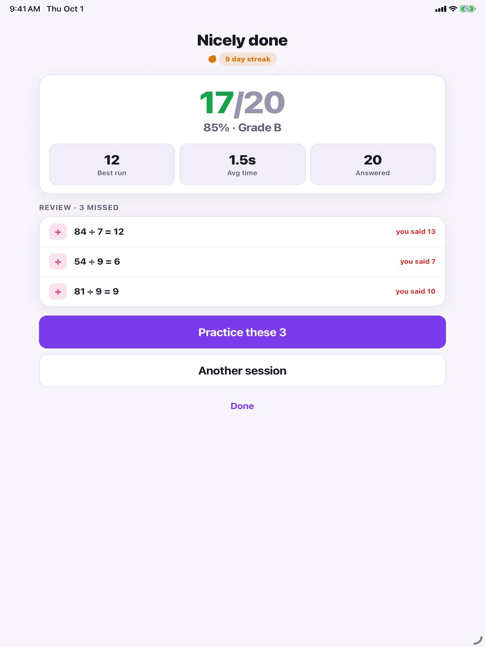 Results screen with missed facts