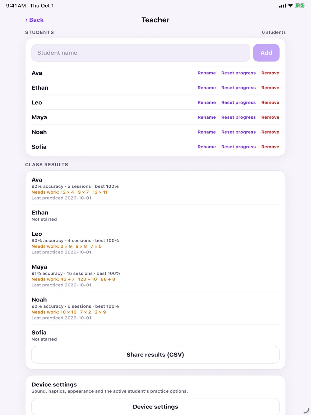 Teacher screen with the roster and class results